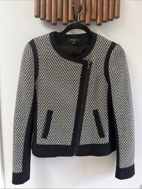 Anne Taylor Black & White Herringbone Zip-Front Blazer